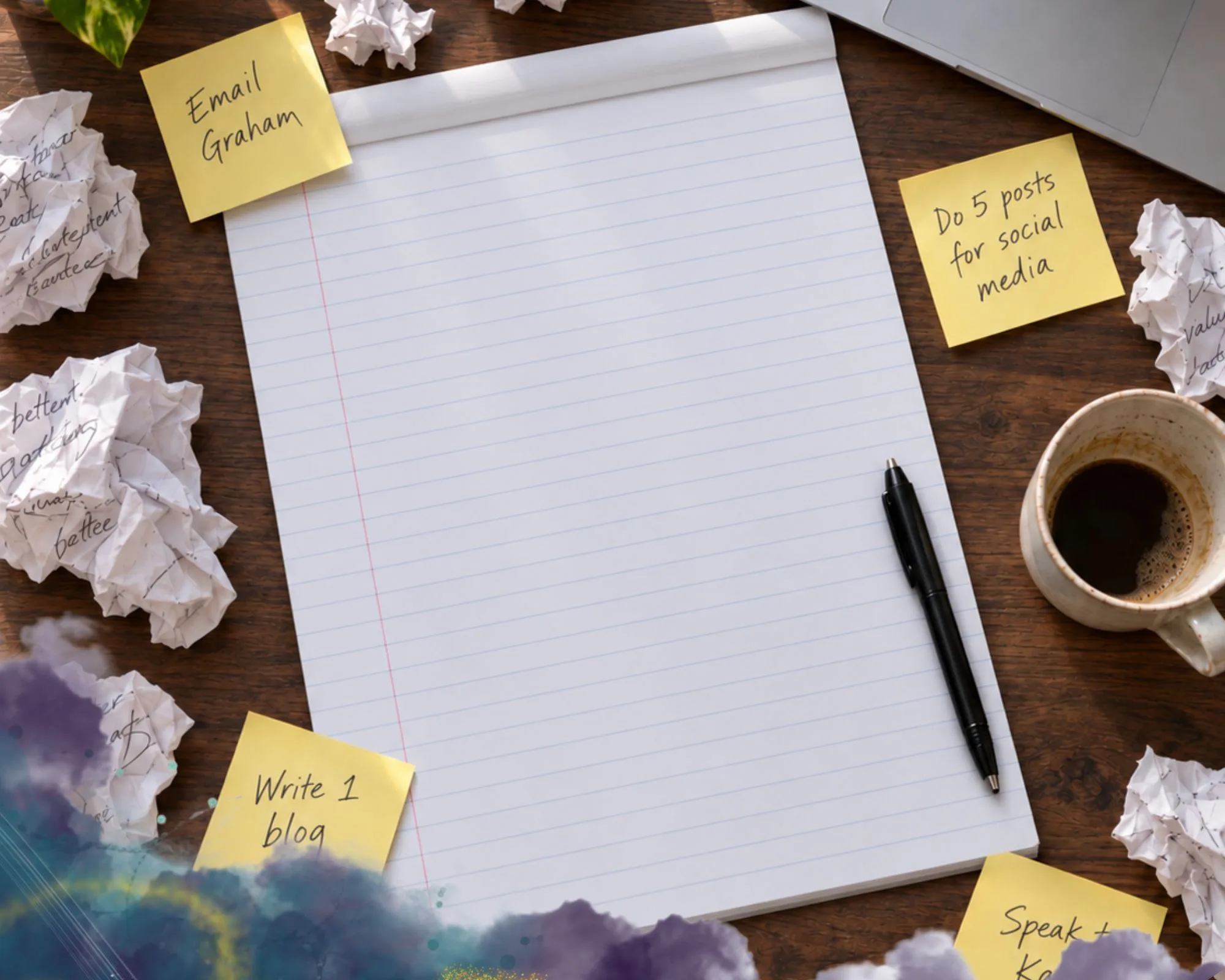 A notebook, pen and notes on a desk, ready for ideas